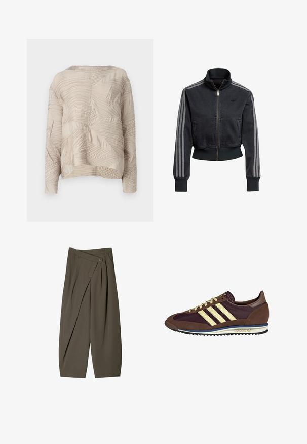 Zwarte denimjack met een ritssluiting aan de voorkant, hoge kraag en grijze drie-strepenaccenten op de mouwen. Heeft ribbels aan de manchetten en onderkant.; Beige langemouwtop met een gestructureerde stof met golvende en bladachtige patronen, ronde halslijn en een comfortabele pasvorm.; Ruime broek in donkergroen stof, met een geplooide voorkant, een knoopsluiting en een gepolijste, gestructureerde afwerking.; Bruine en bordeauxkleurige sneaker van suede en mesh materiaal, met drie crèmekleurige strepen, een gemêleerd stof op de tong en een rubberen zool.