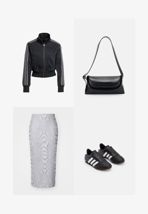 Black denim jacket with a zip front, high collar, and grey three-stripe accents on sleeves. Features ribbed cuffs and hem.; Plain white short-sleeve crew neck t-shirt with a slim fit, displayed flat against a white background.; Gray ribbed midi skirt with a fitted silhouette, featuring a textured pattern throughout and a solid waistband for comfort.; Black soccer shoes with a textured leather upper, featuring a padded front, three white stripes on the sides, and a gum rubber outsole.; Black leather handbag with a structured shape, a smooth texture, and a single shoulder strap. Features a subtle, rounded flap design.
