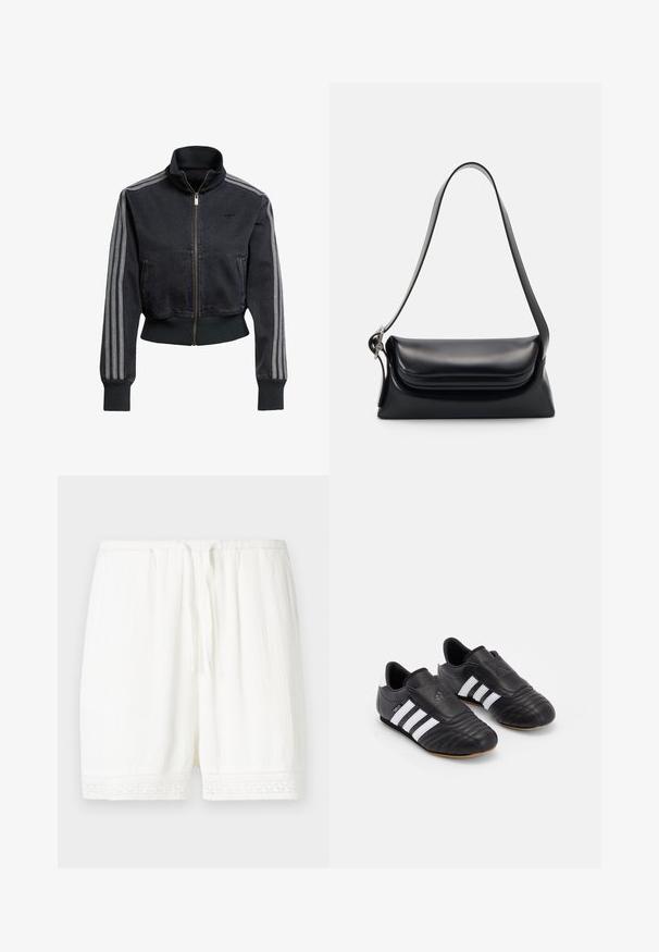 Giacca in denim nera con frontale a zip, colletto alto e accenti grigi a tre strisce sulle maniche. Presenta polsini e orlo a coste.; T-shirt bianca a maniche corte e scollo rotondo con vestibilità slim, esposta piatta su uno sfondo bianco.; Pantaloni corti bianchi realizzati in un tessuto leggero, con una finitura texturizzata e un bordo in pizzo all'orlo. Vita elasticizzata con coulisse regolabile.; Scarpe da calcio nere con tomaia in pelle testurizzata, dotate di una parte anteriore imbottita, tre strisce bianche sui lati e una suola in gomma naturale.; Borsa a tracolla nera in pelle con una forma strutturata, una texture liscia e una singola tracolla. Presenta un design a patta arrotondata e discreta.