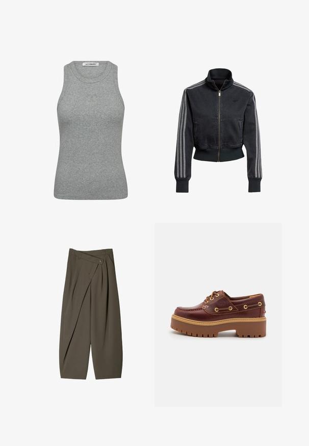 Czarna kurtka dżinsowa z zamkiem z przodu, wysokim kołnierzem i szarym paskiem w trzy pasy na rękawach. Posiada prążkowane mankiety i dół.; Szary prążkowany top na ramiączkach z okrągłym dekoltem i bezrękawowym fasonem. Posiada subtelne logo na środku przodu. Miękka tekstura.; Szerokie spodnie w ciemnooliwkowym kolorze, z plisowanym przodem, z zapięciem na guzik oraz polerowaną, teksturowaną powierzchnią.; Brązowe skórzane buty typu boat shoe z grubą brązową gumową podeszwą, złotymi oczkami i kontrastowym szwem. Posiadają logo na boku.