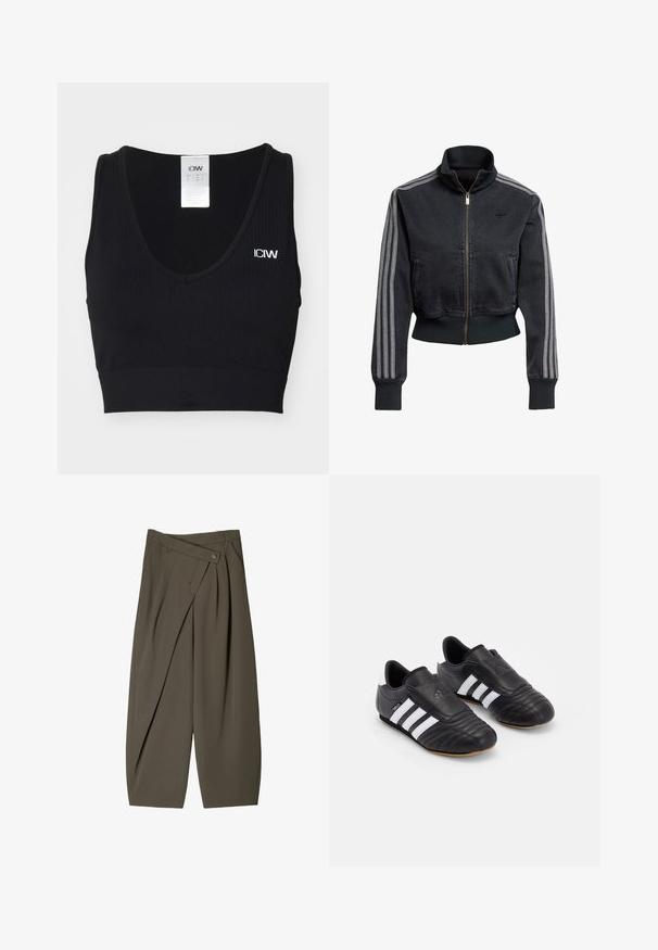 Zwarte denimjack met een ritssluiting aan de voorkant, hoge kraag en grijze drie-strepenaccenten op de mouwen. Heeft ribbels aan de manchetten en onderkant.; Zwarte geribbelde sportbh met een V-hals en brede banden. Voorzien van een klein wit logo aan de linkerkant. Zacht, rekbaar materiaal.; Ruime broek in donkergroen stof, met een geplooide voorkant, een knoopsluiting en een gepolijste, gestructureerde afwerking.; Zwarte voetbalschoenen met een bovenwerk van textuurleer, voorzien van een gevoerde voorkant, drie witte strepen aan de zijkanten en een gumrubberen zool.