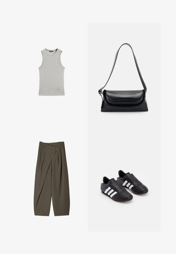Zwarte denimjack met een ritssluiting aan de voorkant, hoge kraag en grijze drie-strepenaccenten op de mouwen. Heeft ribbels aan de manchetten en onderkant.; Grijze mouwloze tanktop van een zachte, lichte stof. Heeft een ronde halslijn en een strak, minimalistisch ontwerp zonder patronen of accenten.; Ruime broek in donkergroen stof, met een geplooide voorkant, een knoopsluiting en een gepolijste, gestructureerde afwerking.; Zwarte voetbalschoenen met een bovenwerk van textuurleer, voorzien van een gevoerde voorkant, drie witte strepen aan de zijkanten en een gumrubberen zool.; Zwarte leren handtas met een gestructureerde vorm, een gladde textuur en een enkele schouderband. Heeft een subtiele, afgeronde klepontwerp.