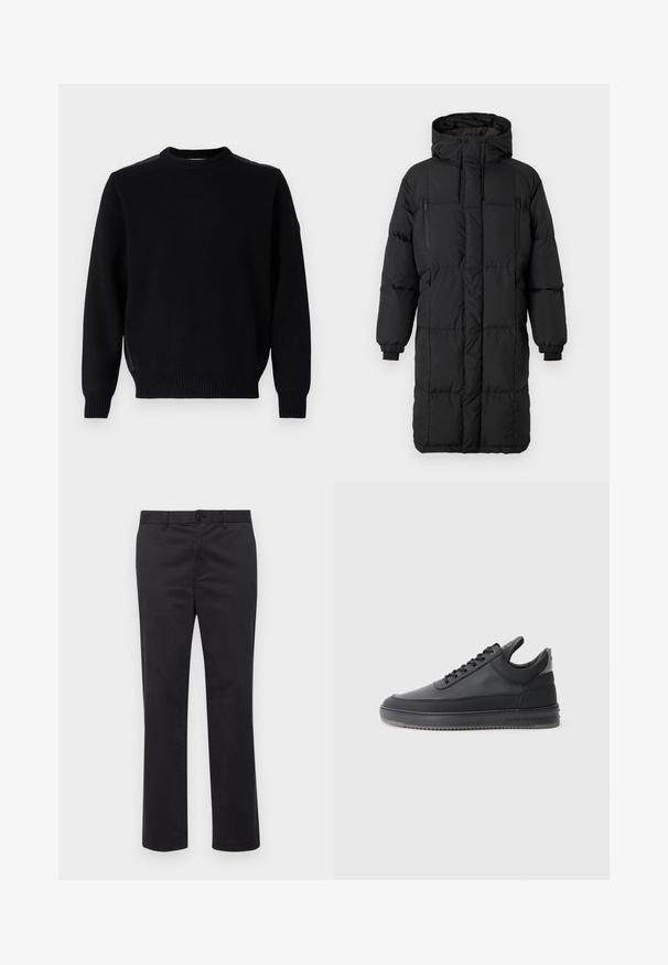Fekete párnázott kabát magas gallérral, rejtett cipzárokkal, elasztikus mandzsettákkal és oldalsó zsebekkel. Téglalap alakú, sima textúrájú és áramvonalas dizájnnal.; Fekete kötött pulóver kerek nyakkal, bordás mandzsettákkal és aljjal. Oldalhasítékokkal és egy kis logóval rendelkezik az ujjon.; Fekete pamut nadrág egyenes szabással, gombos záródással és övhurkokkal. Simább textúra, látható minták vagy díszítések nélkül.; Fekete bőr sportcipő, textúrázott felülettel, fűzős dizájnnal, alacsony szárú kivitelben, szürke gumi talppal, mely bordázott peremmel rendelkezik.