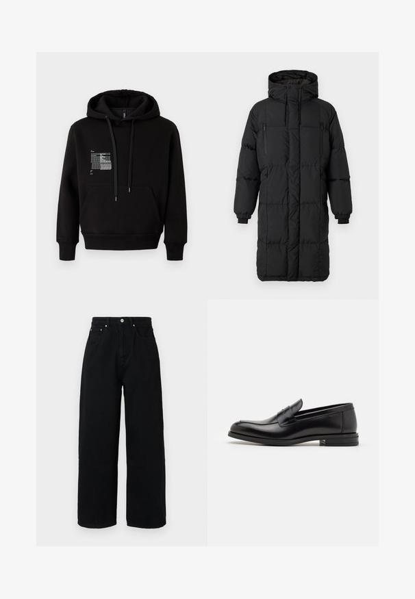 Zwarte gewatteerde jas met een hoge kraag, verborgen ritsen, elastische manchetten en zijzakken. Rechthoekige vorm, gladde textuur en gestroomlijnd ontwerp.; Zwarte hoodie gemaakt van een zachte katoenmix, met een voorzak, trekkoorden en een reflecterend grafisch ontwerp op de linkerkant van de borst.; Zwarte wijde broek van katoen, met een hoge taille, voorzakken, zilverkleurige knoop en een nette zoom.; Zwarte leren instappers met een gladde textuur, ronde neus en een decoratieve band over de wreef. Lage, gestapelde hak en minimalistisch ontwerp.