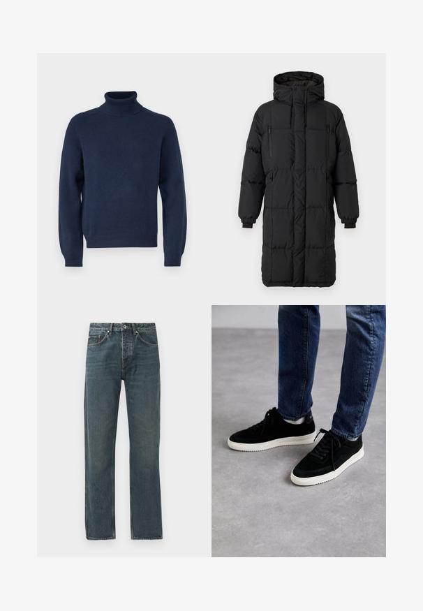 Must must seljakott kõrge kaelusega, peidetud lukud, elastsed mansetid ja küljetaskud. Ristkülikukujuline kuju, sile tekstuur ja voolujooneline disain.; Tumedat sinine kõrge kaelusega kampsun, mis on valmistatud pehmest kudumist. Omab pikki varrukaid ja soonik tõttu ning hemmi. Lihtne, klassikaline disain.; Tumed sinine denimist teksad sirge jala disainiga, viie tasku, nööbiga sulgemise ja kontrastsete õmbluse detailidega.; Mustast nahast tennisetossud valge kummiseguga tallaga, klassikalise madala disainiga, ümarate varvastega ja lame mustade paeltega.