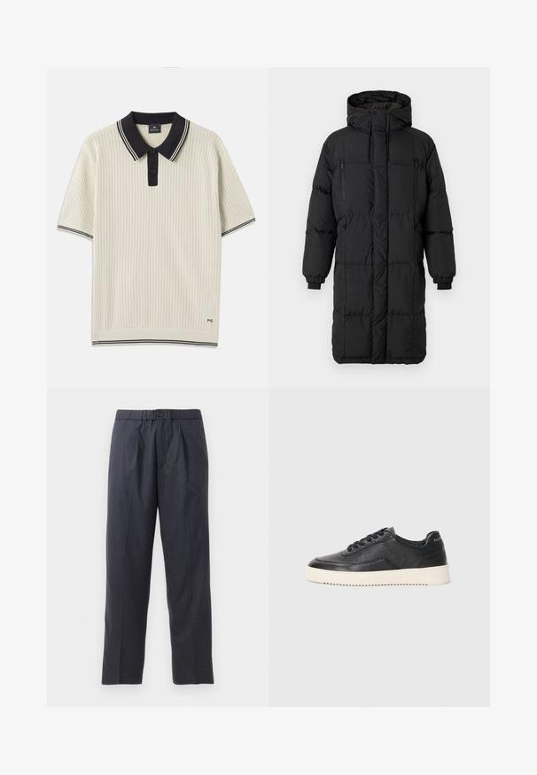 Čierny vypchávkovaný kabát s vysokým golierom, skrytými zipsami, elastickými manžetami a bočnými vreckami. Obdĺžnikový tvar, hladká textúra a aerodynamický dizajn.; Poloko tričko s krátkym rukávom v krémovej farbe s štruktúrovaným vzorom, čiernym golierom a plaketou a kontrastnými pruhmi. Logo na leme.; Tmavomodré nohavice vyrobené z mäkkej tkaniny s plisovaným predným dizajnom a elastickým pásom. Obsahujú zapínanie na gombík a strih s priamymi nohavicami.; Čierne kožené tenisky s textúrovaným povrchom, okrúhlou špičkou a plochou bielou gumovou podrážkou. Obsahujú čierne šnúrky a značku na päte.