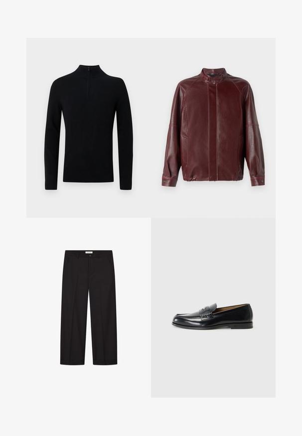 Burgundy leather jacket with a high collar, zip closure, raglan sleeves, side pockets, and a smooth texture. Features snap buttons on cuffs.; Black pullover with a high collar, featuring a short zipper at the neck. Made of soft knit material, unadorned with no visible patterns.; Black wide-leg trousers made of smooth fabric. Features a button and zipper closure, two front pockets, and a crisp hem finish.; Leather loafers in black with a smooth finish, rounded toe, decorative stitching, and a small metal accent on the front.