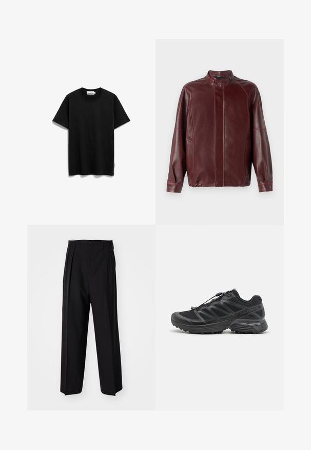 Bordeaux leren jack met een hoge kraag, ritssluiting, raglanmouwen, zijzakken en een gladde textuur. Voorzien van drukknoopsluitingen op de manchetten.; Zwarte T-shirt met korte mouwen van katoen met een ronde halslijn. Bevat een logo-label aan de onderkant. Soepele textuur en normale pasvorm.; Zwarte geplooide broeken met een rechte, brede pijpontwerp. Gemaakt van soepele stof, met een knoopsluiting en riemlussen.; Zwarte hardloopschoenen met een bovenwerk van mesh en synthetisch materiaal, een flexibele buitenzool en elastische veters. Heeft een gevoerde tussenzool voor comfort.