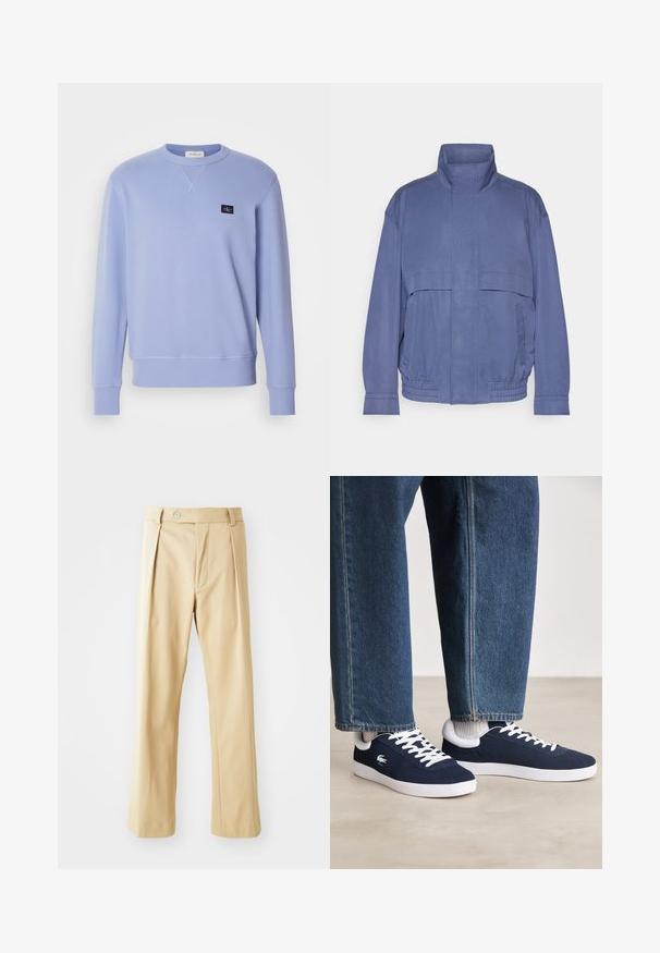 Giacca leggera blu con colletto alto, tasche frontali e orlo elastico. Realizzata in tessuto liscio con una finitura leggermente texturizzata.; Felpa azzurra chiara realizzata in tessuto morbido. Presenta un colletto rotondo e polsini a costine. Un piccolo logo nero è posizionato sul petto.; Pantaloni beige con un design a gamba dritta, caratterizzati da pieghe frontali, chiusura con bottone e texture liscia. Nessun motivo o dettaglio visibile.; Sneakers in tela blu con stringhe bianche e suole in gomma, esposti con pantaloni in denim e calze a coste grigie, su una superficie grigia chiara.