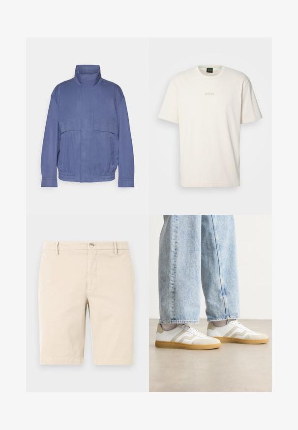 Gaiši zila viegla jaka ar augstu apkakli, priekšējiem kabatām un elastīgu apakšmalu. Izgatavota no gludas auduma ar nedaudz teksturētu virsmu.; BOSS TEE - Pamata T-krekls - open white; Beige kokvilnas šorti ar plakanu priekšpusi, rāvējslēdzēju, pogu aizdari un sānu kabatām. Gluda tekstūra un ceļa garuma dizains.; Baltas sporta apavi ar bežām zamšādām akcentiem un gaišiem gumijas zoliņām; iekļauj zemu topa dizainu un teksturētu detaļām augšdaļā.