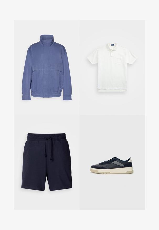 Lengvas mėlynas švarkas su aukštu apykakle, priekyje kišenėmis ir elastingu apvadu. Pagamintas iš lygios medžiagos su šiek tiek tekstūruotu paviršiumi.; Balta polo marškiniai pagaminti iš medvilnės, su klasikiniais kraštais, trijų mygtukų sprandeliu ir kairiuoju krūtinės kišeniu; mažas logotipas apačioje.; Tamsiai mėlyni šortai su laisvu siluetu, elastinga juosta ir reguliuojama raišteliu. Lengva medžiaga su sklandžiu paviršiumi.; BOSS BALTIMORE - Sportbačiai - open blue
