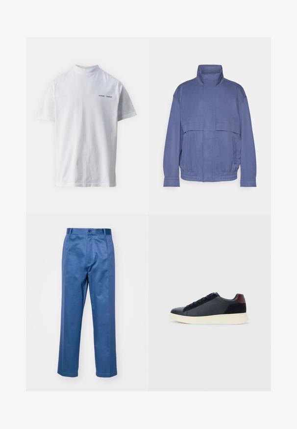 Könnyű kék dzseki magas gallérral, elülső zsebekkel és rugalmas szegéllyel. Sima anyagból készült, enyhén texturált felülettel.; Fehér pamut póló magas nyakkal és rövid ujjakkal. Elöl fekete "SAMSØE SAMSØE" logó található. Sima textúra.; Kék nadrág sima szövetből, egyenes szabású kialakítással, gombos záródással és diszkrét varrási részletekkel.; Fekete bőr és velúr alacsony szárú férfi sneaker, bordó sarokpanellel és fehér gumi talppal, oldalnézetből.