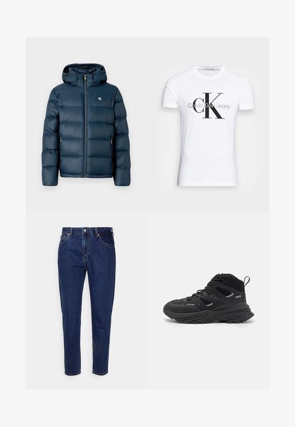 Tumši zila pufota jaka ar kapuci, priekšā ar rāvējslēdzēju, elastīgām aprocēm un zīmolu logotipu uz krūtīm. Mīksta, quiltota tekstūra.; Baltas kokvilnas T-krekls ar melnu "CK" logo un tekstu "Calvin Klein Jeans", īsām piedurknēm un klasisku apaļu kakla izgriezumu.; Tums tumši zilas džinsu bikses ar taisnu kāju dizainu, piecām kabatām un pogu aizdari. Iespējas ar vieglu izbalēšanu un šuvju detaļām.; Melnas pārgājienu kurpes ar slāņotu dizainu, teksturētu audumu un gumijas zoli, ar nostiprinātām vietām un auklām priekšā.