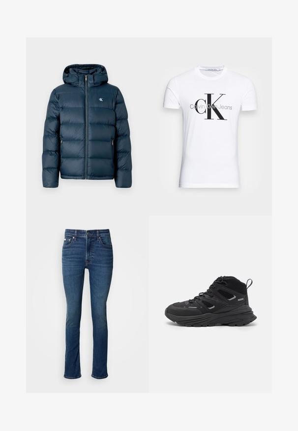 Casaco acolchoado azul-marinho com capuz, apresentando um fecho central, punhos elásticos e um logo da marca no peito. Textura suave e acolchoada.; T-shirt de algodão branco com um logotipo preto "CK" e o texto "Calvin Klein Jeans", com mangas curtas e um decote redondo clássico.; Jeans azuis de corte slim, com cintura média e design clássico de cinco bolsos, apresentando detalhes desbotados sobre um fundo branco.; Botas de caminhada pretas com um design em camadas, tecido texturizado e sola de borracha, com áreas reforçadas e atacadores na frente.