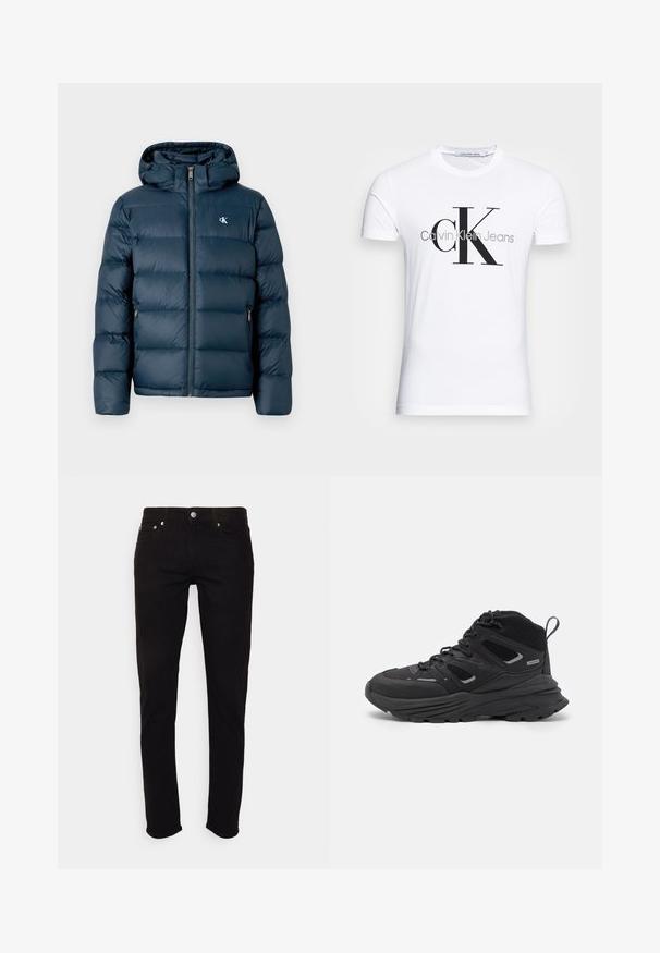 Tengerészkék puffertakaró kapucnival, elöl cipzárral, rugalmas mandzsettákkal és a mellkason elhelyezett logóval. Puha, steppelt szerkezet.; Fehér pamut póló fekete "CK" logóval és "Calvin Klein Jeans" felirattal, rövid ujjal és klasszikus, kerek nyakkivágással.; Fekete farmernadrág, amely vékony szabású, öt zsebes kialakítású, fémből készült kiegészítőkkel, jellemzője a klasszikus gombos és cipzáras zárás.; Fekete túracipő rétegezett kialakítással, texturált anyaggal és gumitalppal, megerősített részekkel és fűzős elülső résszel.
