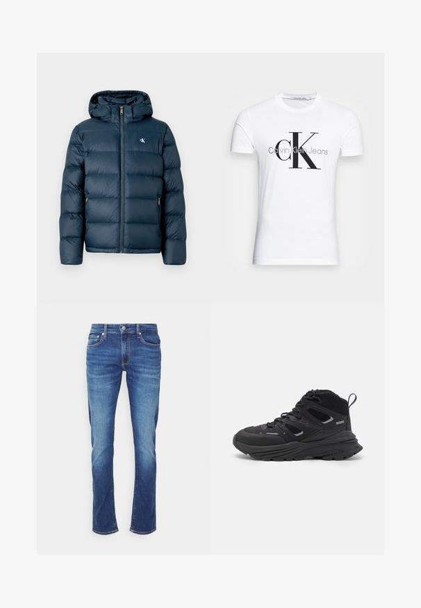 Tumed sinine puffjakkk, millel on kapuuts, esitõmblus, elastsed mansetid ja brändi logo rinnal. Pehme, tikandiga tekstuur.; Valge puuvillane T-särk, millel on must "CK" logo ja "Calvin Klein Jeans" tekst, lühikesed varrukad ning klassikaline ümmargune kaelus.; Sinised denim püksid sirge jalaga disainiga. Omadused hõlmavad traditsioonilist viie-tasku paigutust ja silmapaistvaid õmbluse detaile.; Mustad matkajalatsid, millel on kihiline disain, tekstureeritud kangas ja kummist tallad, tugevduskohtadega ning sidumisfront.