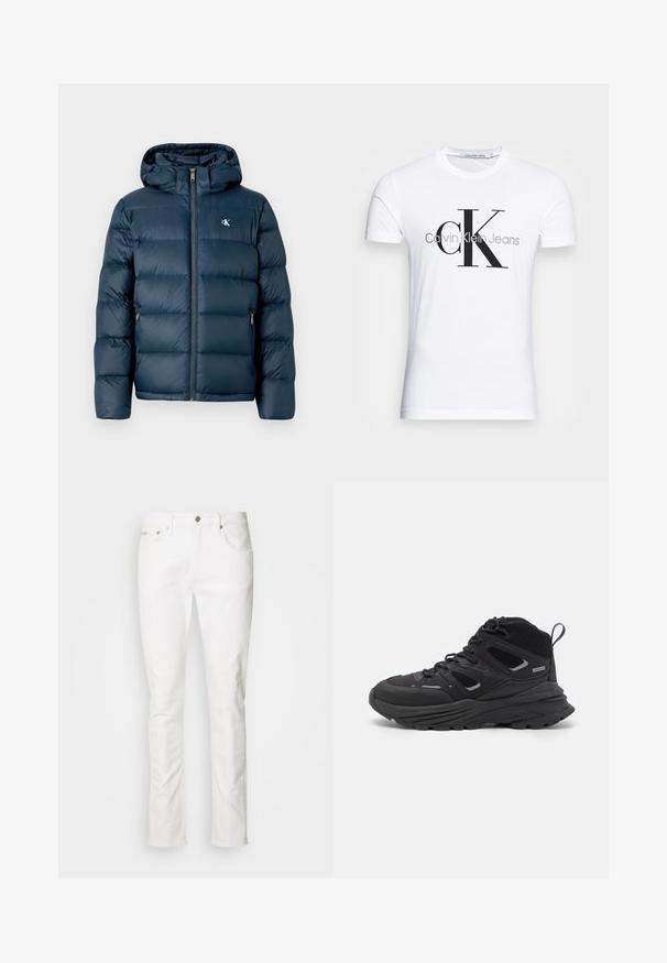 Marineblå puffjakke med hette, med glidelås foran, elastiske mansjetter og et merket logo på brystet. Myk, quiltet tekstur.; Hvit bomull T-skjorte med svart "CK" logo og "Calvin Klein Jeans" tekst, korte ermer og klassisk rund hals.; Hvite denim jeans med rett ben-design, fem-lomme stil, med metallknapp-lukking og subtile stikking detaljer.; Sorte tursko med en lagdelt design, teksturert stoff og gummisåle, med forsterkede områder og snøring foran.