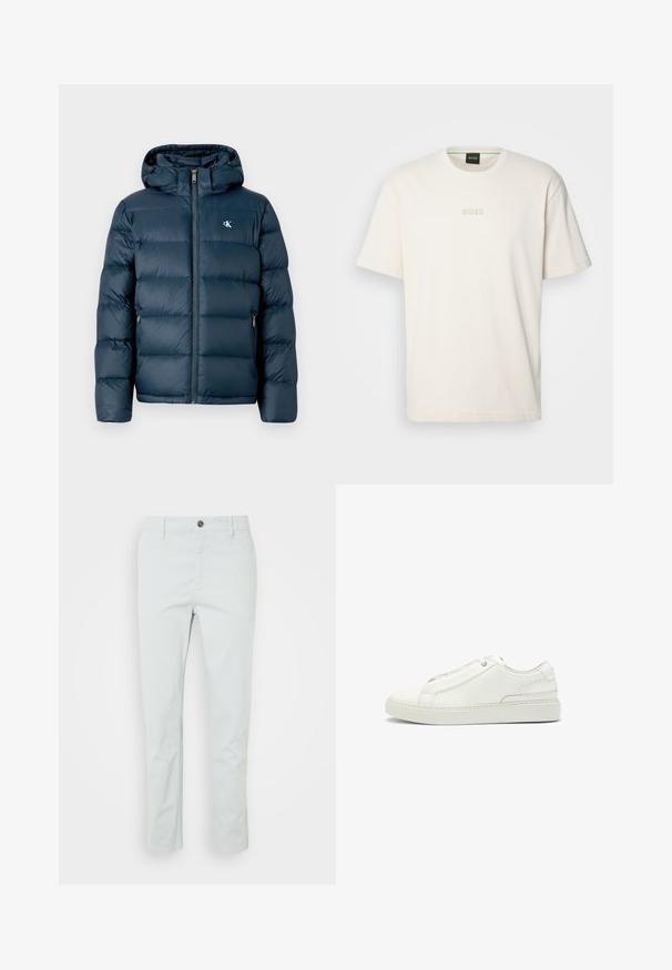 Navy blue puffer jacket with a hood, featuring a front zipper, elastic cuffs, and a branded logo on the chest. Soft, quilted texture.; BOSS TEE - Basic T-shirt - open white; Light green cotton trousers with a straight fit, featuring a front button closure and side pockets. Smooth texture, no visible patterns.; White leather sneaker featuring a textured upper, a round toe, minimalistic design, and a rubber sole with stitched detailing.