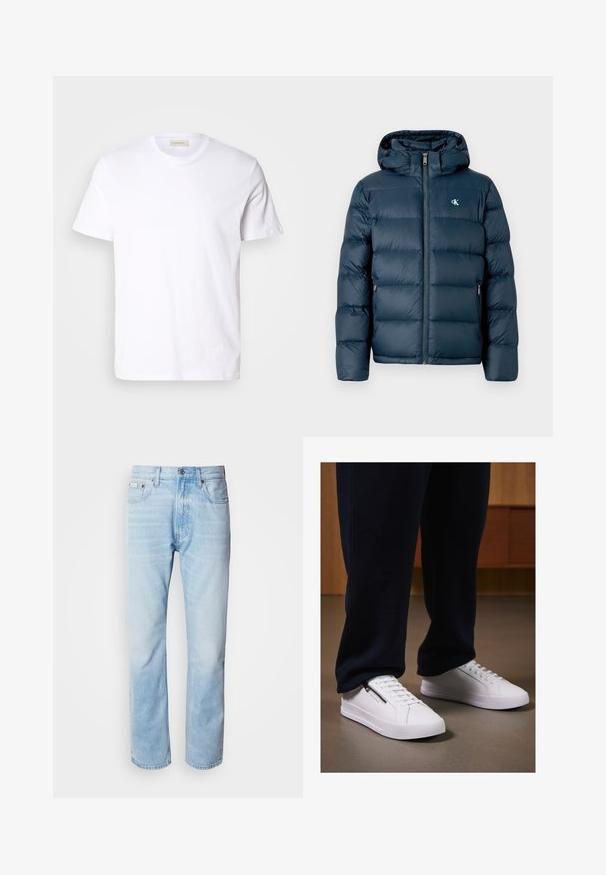Tumed sinine puffjakkk, millel on kapuuts, esitõmblus, elastsed mansetid ja brändi logo rinnal. Pehme, tikandiga tekstuur.; Valge lühikeste varrukatega T-särk, mis on valmistatud pehmest puuvillast. Omab ümmargust kaelust ja väikest, tagasihoidlikku logo rinnal.; Heledad sinine denimhääl, sirge sääre lõikega, millel on pleekinud osad, viie tasku disain ja klassikaline nööbivärk.; Valged tennisetooted sileda nahapinnaga, tasase tallaga ja nööridega disainiga. Küljel asuv tõmblukk lisab funktsionaalsust. Kombineeritud tumedate spordipükste jao.