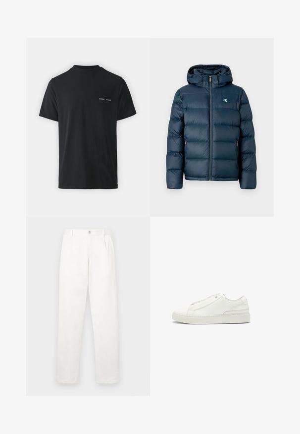 Marineblauwe pufferjack met capuchon, voorzien van een rits aan de voorkant, elastische manchetten en een merklogo op de borst. Zacht, gewatteerd textuur.; Zwarte katoenen T-shirt met een klassieke ronde hals, korte mouwen en twee kleine witte "SAMSØE" logo's op de linkerkant van de borst.; Witte broeken gemaakt van een gladde stof, met een recht model, voorplooien en een enkele knoopsluiting bij de taille.; Witte leren sneaker met een gestructureerde bovenkant, een ronde neus, minimalistisch ontwerp en een rubberen zool met gestikte details.