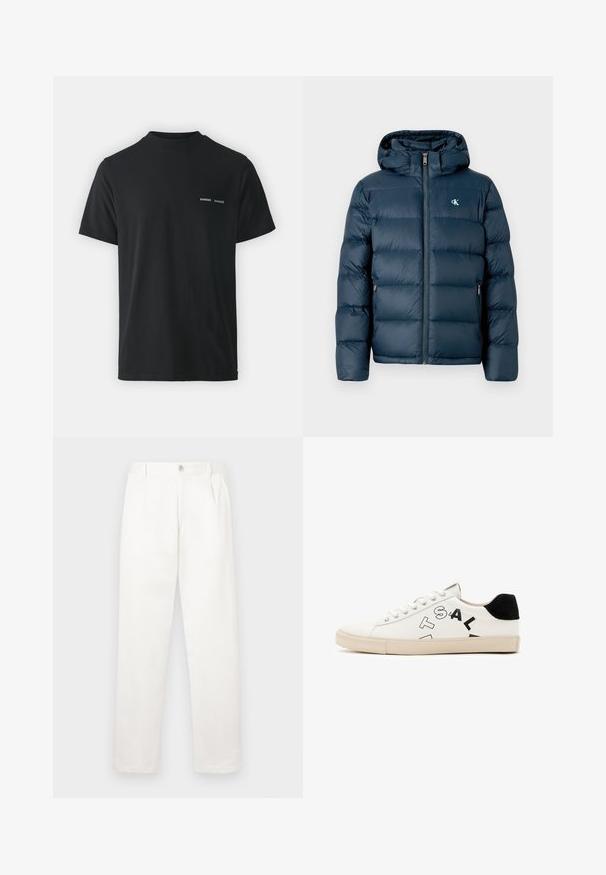 Navy blue puffer jacket with a hood, featuring a front zipper, elastic cuffs, and a branded logo on the chest. Soft, quilted texture.; Black cotton t-shirt with a classic crew neck, short sleeves, and two small white "SAMSØE" logos on the left chest.; White trousers made from smooth fabric, featuring a straight leg design, front pleats, and a single button closure at the waist.; White leather sneaker with black accents at the heel, featuring bold black lettering on the side and a rubber sole. Minimalist design.