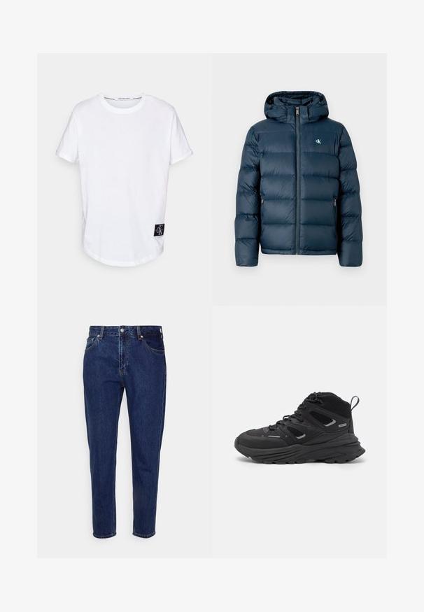 Tumed sinine puffjakkk, millel on kapuuts, esitõmblus, elastsed mansetid ja brändi logo rinnal. Pehme, tikandiga tekstuur.; Valge puuvillane T-särk rullitud lühikeste varrukatega, ümmargune alläär ja must logotäht "CK" vasakus alumises nurgas.; Tumed sinise denimi teksad, sirge sääre disainiga, viie taskuga ja nupuväärisega kinnitusega. Omab peenet kulumist ja õmbluse detailimist.; Mustad matkajalatsid, millel on kihiline disain, tekstureeritud kangas ja kummist tallad, tugevduskohtadega ning sidumisfront.