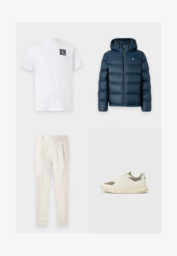 Tamsiai mėlynas pūkinis švarkas su gobtuvu, su priekiniais užtrauktukais, elastingomis rankogaliais ir prekių ženklu ant krūtinės. Minkšta, siuvinėta tekstūra.; Baltas medvilninis marškinėliai su apvalia iškirpte, trumpomis rankovėmis ir juodu "cK" logotipu kairėje krūtinės pusėje. Klasikinis modelis ir lygus paviršius.; Balti, susiūtos kelnes, turinčios pritaikytą siluetą, pasižyminčias lygia tekstūra, dirželio kilpomis ir siaurėjančiomis kojomis. Nėra matomų kišenių ar raštų.; Baltas ir šviesiai bežinis sportinis kedas, su tinklo viršumi, perforuotais detalėmis ir tekstūruotu tarpine su logotipu ant kulno.