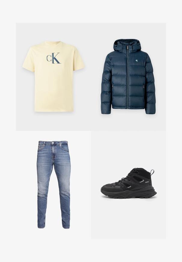 Marineblå puffjakke med hette, med glidelås foran, elastiske mansjetter og et merket logo på brystet. Myk, quiltet tekstur.; Lys gul bomulls t-skjorte med et marineblått "ck"-logo plassert på brystet og rund hals med korte ermer.; Blå tettsittende jeans med fem lommer, falmet vask, knappelukking og beltehemper, vist mot en hvit bakgrunn.; Sorte tursko med en lagdelt design, teksturert stoff og gummisåle, med forsterkede områder og snøring foran.