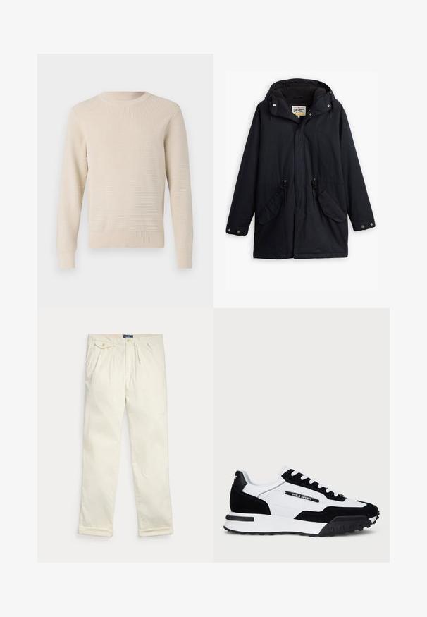 Parka noire imperméable avec capuche amovible, taille réglable par cordon, deux poches latérales et doublure douce. Comprend des fermetures à pression et un tissu durable.; Pull en tricot beige avec un motif texturé, col rond, et poignets et ourlet côtelés. Coupe classique avec des manches longues.; Pantalon en velours côtelé de couleur crème avec des plis, des poches latérales, une poche à rabat boutonnée et des revers pliés, posé à plat sur un fond blanc.; Baskets avec une tige en cuir suédé noir et en cuir blanc, dotées d'une semelle en caoutchouc noir, de lacets blancs et d'un logo "POLO SPORT" sur le côté.
