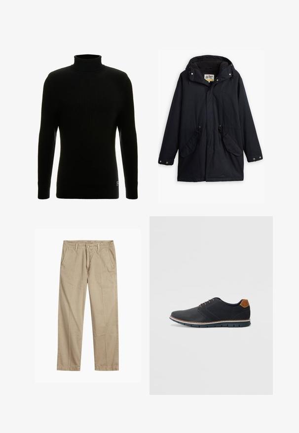 Parka impermeável preta com capuz destacável, cintura com cordão, dois bolsos laterais e um forro macio. Apresenta fechos de pressão e tecido durável.; Suéter preto de gola alta com mangas longas, textura canelada, silhueta ajustada e pequena etiqueta da marca na parte inferior esquerda.; Chinos bege de perna reta com passantes para cinto, fecho frontal com botão e fecho de correr, e bolsos frontais inclinados.; Sapatos sintéticos pretos com um upper texturizado, pormenores lisos, salto castanho e uma sola contrastante. Apresentam um sistema de atacadores mínimo e detalhes de costura.