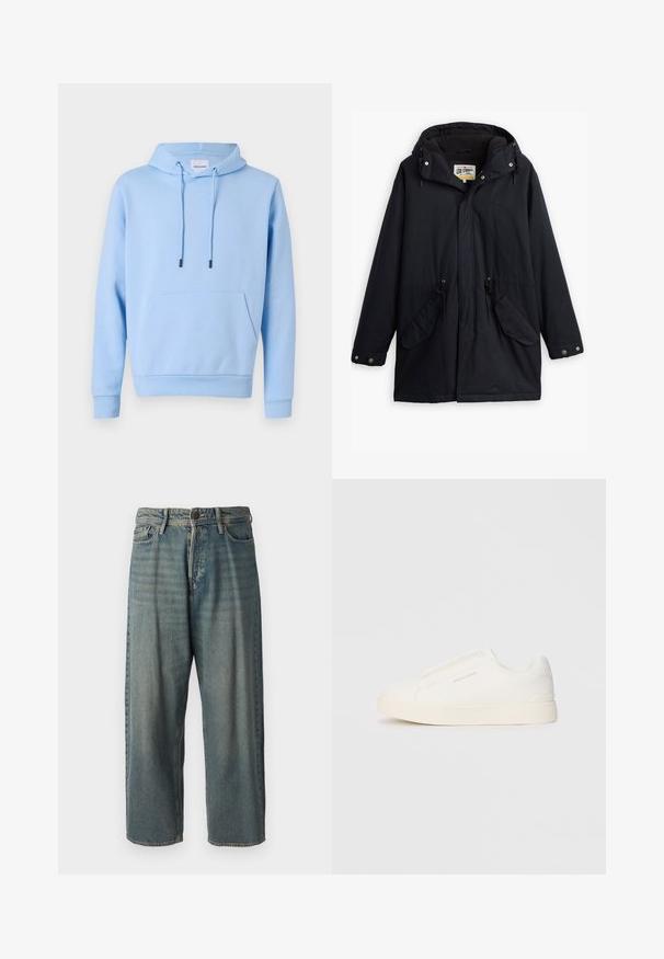 Must värvitud veekindel parka äratavaba kapuutsi, reguleeritava vöökoha, kahe küljetasku ja pehme voodriga. Omab nööpkinnitusi ja vastupidavat kangast.; Heleda helesinine kapuutsiga, pehmest materjalist, esiosa kengurikott, reguleeritavad nöörid ning ribakujulised mansetid ja äär.; Heledad sinine denim-stiilis teksad, volüümse lõike, keskmise kõrgusega talje ja sirgete säärega. Omab viit taskut, vöökumme ja nööpide sulgemist.; Valged libisemiskindlad tossud tekstuuriga pinnaga, paksu tallaga ja minimalistikus disainis. Küljel on brändi logo.