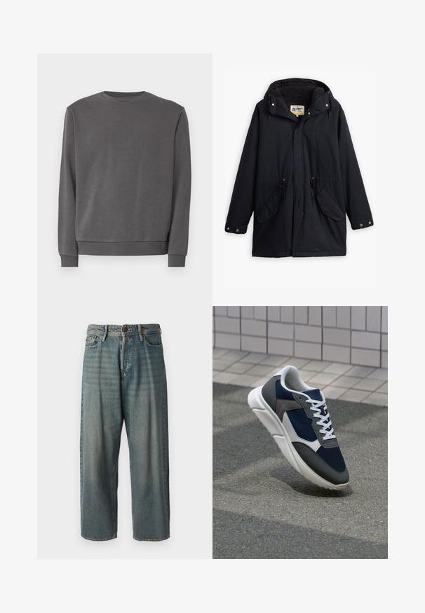 Melna ūdensizturīga parka ar noņemamu kapuci, regulējamu jostu, divām sānu kabatām un mīkstu oderi. Ietekme slēgšanai un izturīgs audums.; Pelēks krekls ar mīkstu kokvilnas maisījumu, ar apaļu kaklu, garām piedurknēm un ribotām aprocēm un apakšmalu. Gluda tekstūra, bez rakstiem.; Gaiši zili džinsi ar brīvu piegriezumu, vidējo jostas augstumu un taisnām kājām. Satur piecas kabatas, jostas cilpas un pogu aizdari.; Sporta apavi ar tumši zilas krāsas tīkla augšdaļu, pelēku zamšādas akcentiem, baltu gumijas zoli un plakaniem baltiem šņorēm, kas izstrādāti komfortam un elpojamībai.
