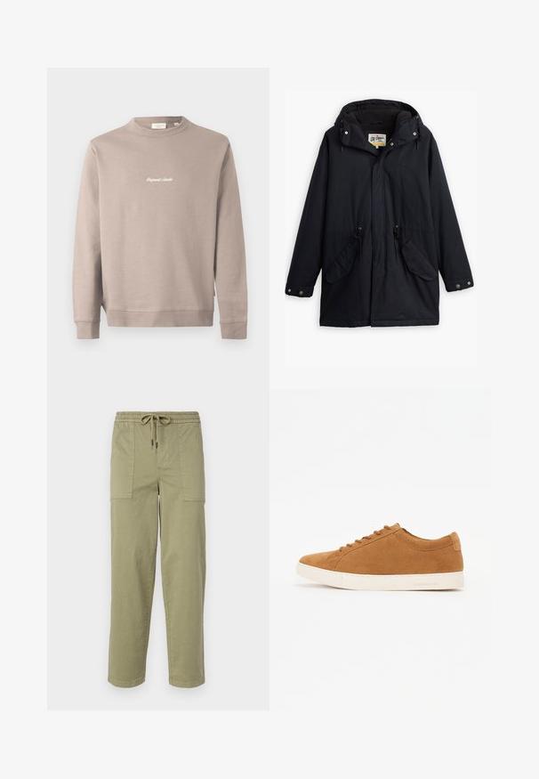 Parka neagră impermeabilă cu glugă detașabilă, talie ajustabilă cu șnur, două buzunare laterale și o căptușeală moale. Dispune de închideri cu capse și material rezistent.; Pulover bej cu mâneci lungi și decolteu rotund. Prezintă "Original Studio" brodat în alb pe piept. Textură netedă, manșete cu nervuri.; Pantaloni de culoare verde măslin deschis, confecționați dintr-un amestec de bumbac, cu un tiv elastic și șnur, și două buzunare laterale mari.; Adidași maro din suede cu un design low-top, talpă din cauciuc alb și vârf rotund. Prezintă șireturi asortate și branding minim pe toc.