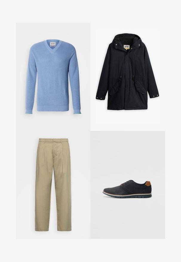 Parka neagră impermeabilă cu glugă detașabilă, talie ajustabilă cu șnur, două buzunare laterale și o căptușeală moale. Dispune de închideri cu capse și material rezistent.; Pulover bleu deschis cu decolteu în V, cu textură cu nervuri, mâneci lungi și accente verzi contrastante la manșete. Prezintă o etichetă la decolteu.; Pantaloni bej, cu talie înaltă, cu croială dreaptă, având un front neted, buzunare laterale și un material neted, texturat.; Pantofi sintetici negri cu un superior texturat, accente netede, toc maro și o talpă contrastantă. Prezintă un șnur minimalist și detalii de cusătură.