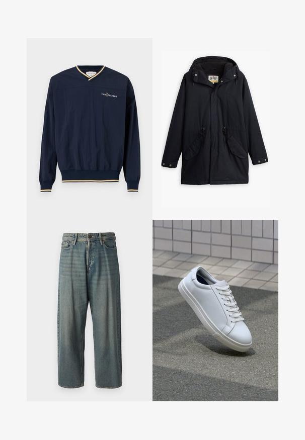 Parka nera impermeabile con cappuccio staccabile, vita regolabile con cordino, due tasche laterali e una fodera morbida. Dotato di chiusure a scatto e tessuto resistente.; Pullover blu navy con scollo a V, maniche lunghe, orlo elastico e polsini con dettagli dorati. Presenta "THE PLAYERS" ricamato sul petto.; Jeans di denim azzurro chiaro con vestibilità ampia, vita media e gambe dritte. Presenta cinque tasche, passanti per cintura e chiusura con bottone.; Sneaker bianco in pelle con texture liscia, design con lacci e punta arrotondata. Presenta una suola in gomma testurizzata e accenti minimalisti.