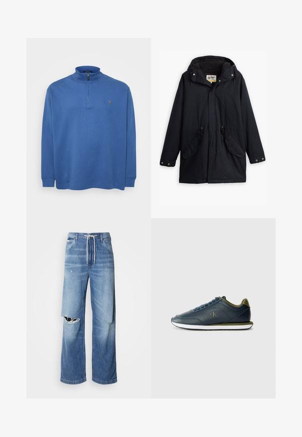Parka impermeável preta com capuz destacável, cintura com cordão, dois bolsos laterais e um forro macio. Apresenta fechos de pressão e tecido durável.; Pullover azul com fecho zip, feito de tecido macio, com mangas longas, gola alta e um pequeno logótipo no peito. Design texturizado por toda a peça.; Jeans de denim azul claro com um corte largo, apresentando uma cintura com cordão branco e rasgos distintos na parte da frente, mostrando bordas desfiadas.; Calvin Klein Jeans RETRO RUNNER - Sapatilhas - navy/capers