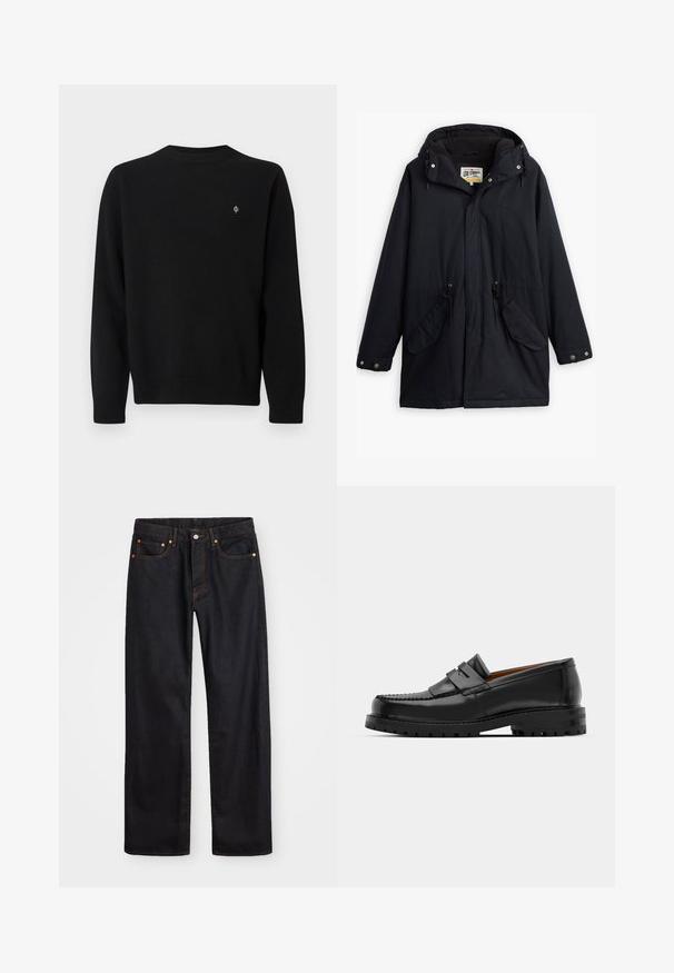 Fekete vízálló parka leválasztható kapucnival, húzózsinóros derékkal, két oldalsó zsebből és puha béléssel. Patentos záródással és tartós anyaggal rendelkezik.; Fekete kötött pulóver hosszú ujjakkal, kerek nyakkal és bordázott mandzsettával. A mellkason kontrasztos színű kis logó található.; Férfi egyenes szabású fekete farmernadrág öt zsebbel és narancssárga varrással, gombos és cipzáros záródással elöl.; Fekete bőr loaferek kiemelkedő varrással, két díszcsíkkal a felső részen és vastag, struktúrált talppal rendelkeznek a jobb tapadás érdekében.