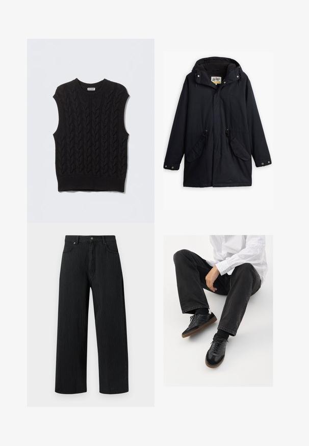 Must värvitud veekindel parka äratavaba kapuutsi, reguleeritava vöökoha, kahe küljetasku ja pehme voodriga. Omab nööpkinnitusi ja vastupidavat kangast.; Mustast lõngast ilma varrukateta kootud kampsun, millel on palmikumuster, ümara lõikega kaelus ja soonikuga alumine serv. Valmistatud tekstuurse kanga puhul soojuse tagamiseks.; Mustad sirgedega laiad püksid, mis on valmistatud puuvillast ja millel on tekstuuriga viimistlus. Omab eespool taskuid ja nööbiga kinnitust vööl.; Mustad spordijalatsid siledast ja tekstuurilisest ülemisest osast, millel on kummist tald ja tumedad nöörid. Kombineeritud mustade teksade ja valge triibulise särgiga.