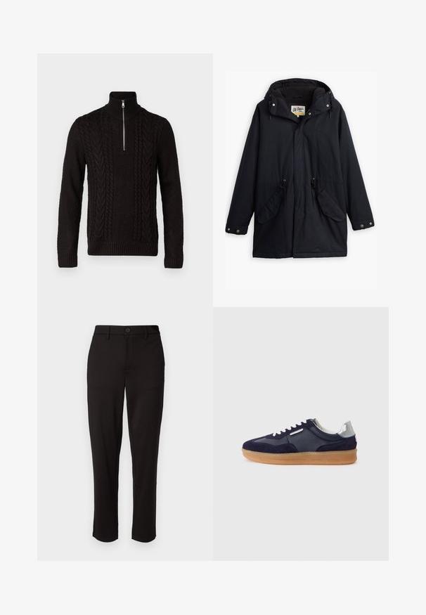 Černá voděodolná parka s odnímatelnou kapucí, stažením v pase, dvěma bočními kapsami a měkkou podšívkou. Obsahuje patentky a odolnou tkaninu.; Černý pletený svetr s vysokým límcem a půlzipem. Obsahuje texturované vzory ve stylu kabelu a žebrované manžety a lem.; Černé kalhoty vyrobené z lehkého materiálu, s rovnými nohavicemi, zapínáním na knoflík vpředu, poutky na opasek a bočními kapsami.; Navy semišové a kožené tenisky s gumovou podrážkou, bílými tkaničkami a stříbrným akcentem na patě. Nízký design s texturovanými detaily.