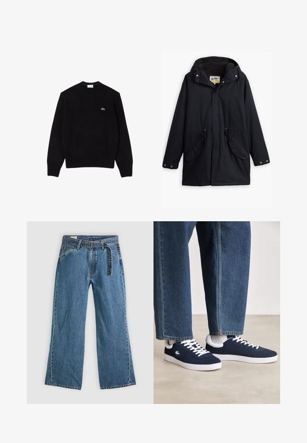 Melna ūdensizturīga parka ar noņemamu kapuci, regulējamu jostu, divām sānu kabatām un mīkstu oderi. Ietekme slēgšanai un izturīgs audums.; Melna adīta džemperis ar apaļu kaklu, ar ribotiem piedurknēm un apakšmalu, ar mazu zaļu krokodila logotipu kreisajā krūtī. Mīksta tekstūra.; Zilas džinsa platās kājas bikses ar pievienotu jostu, priekšējām kabatām un redzamiem šuvumiem uz vienkārša gaiša fona.; Zili auduma sporta apavi ar baltām stīgām un gumijas zolēm, izlikti kopā ar džinsiem un pelēkām ribotām zeķēm, uz gaiši pelēka pamata.