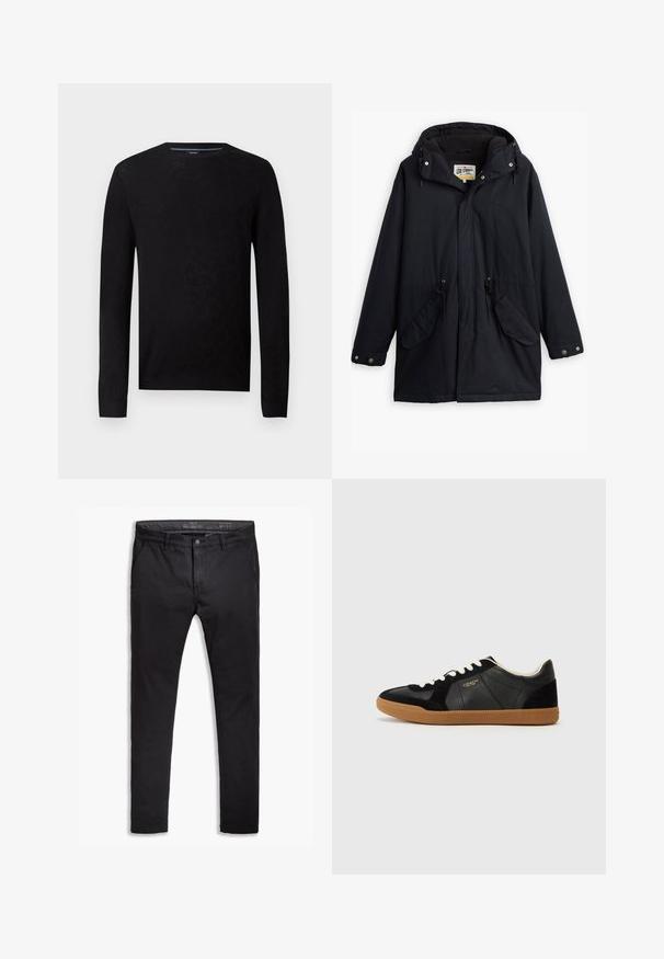Must värvitud veekindel parka äratavaba kapuutsi, reguleeritava vöökoha, kahe küljetasku ja pehme voodriga. Omab nööpkinnitusi ja vastupidavat kangast.; Must mustaga ringlõike ja pikkade varrukatega. Omab struktureeritud mustrit ja soonikkoes ääri, mis pakuvad vormitud siluetti.; Mustad puuvillased chinos, mis on kitseneva lõikega, viie taskuga, vöökohaga ja siledast tekstuurist. Zipperiga lukk ja nupuga kinnitamine.; Mustmust ja sametist tennisekad jalanõud, millel on kummist välistald, valged paelad ja külje peal on reljeefne logo detail. Omab madalat profiili.