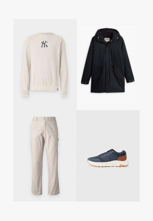 Svart vattentät parka med avtagbar huva, dragsko i midjan, två sidofickor och ett mjukt foder. Har knäppningar och slitstarkt tyg.; Beige ribbad sweatshirt med en marinblå logotyp på bröstet, rund hals och bandade mudd. Slät textur med en avspänd passform.; Beiga cargobyxor gjorda av robust bomull med raka ben, framknäppning och sidofickor för praktisk användning. Slät textur med subtil sömnad.; Marinblå träningsskor med en brun häldetalj, strukturerad mesh-ovandel, vadderad krage och vit gummisula med ett mönstrat mönster.