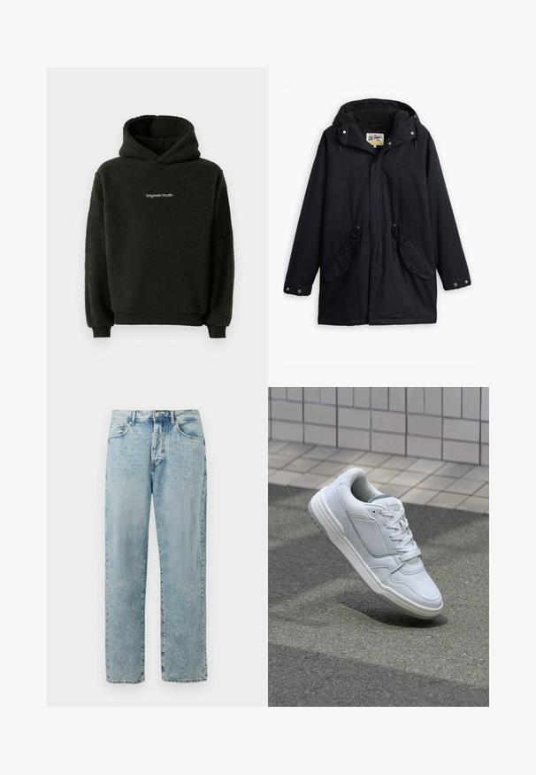 Schwarze wasserdichte Parka mit abnehmbarem Kapuzen, Kordelzug in der Taille, zwei seitlichen Taschen und weicher Innenauskleidung. Mit Druckknopfverschluss und strapazierfähigem Stoff.; Schwarzer Fleece-Hoodie mit strukturierter Oberfläche, ausgestattet mit einer vorderen Kängurutasche und einem Logo auf der Brust. Kapuzen-Design mit elastischen Bündchen.; Hellblaue gerade geschnittene Jeans aus Denim mit einem Knopf- und Reißverschluss, Vordertaschen und dezentem verblasstem Finish.; Weiße Ledersneaker mit perforierten Seiten, strukturierten Akzenten, flachen Schnürsenkeln und einer kontrastierenden grauen Ferse. Verfügt über eine leicht erhöhte Sohle.