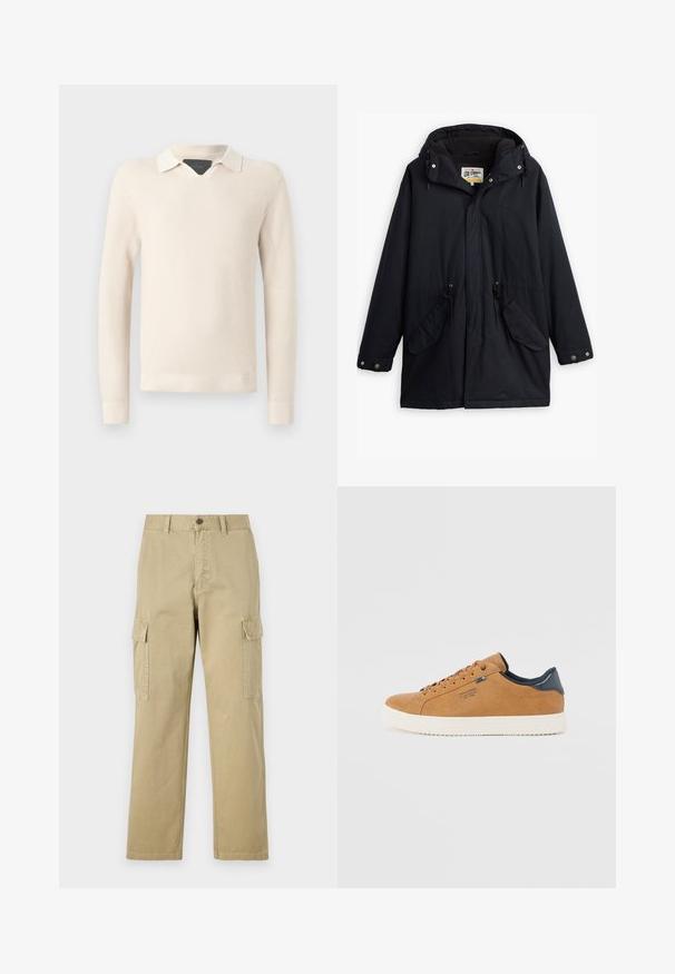 Černá voděodolná parka s odnímatelnou kapucí, stažením v pase, dvěma bočními kapsami a měkkou podšívkou. Obsahuje patentky a odolnou tkaninu.; Pletený svetr v světle béžové barvě s kontrastním bílým límcem, se strukturou vzoru a žebrovanými manžetami a lemem.; Beige cargo kalhoty vyrobené z bavlny, s dvěma bočními kapsami, knoflíkovým zapínáním a rovnými nohavicemi z mírně texturované látky.; Hnědé kožené tenisky s bílou gumovou podrážkou, kulatými tkaničkami, modrým akcentem a hladkým povrchem. Jednoduchý, nízkoprofilový design.
