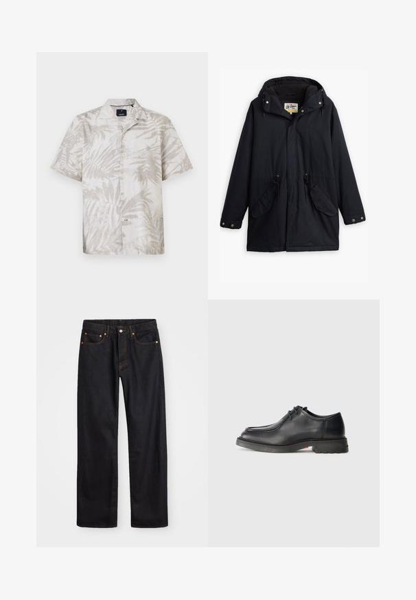 Must värvitud veekindel parka äratavaba kapuutsi, reguleeritava vöökoha, kahe küljetasku ja pehme voodriga. Omab nööpkinnitusi ja vastupidavat kangast.; Lühikeste varrukatega palmimustriga särk heledas beežis linases, millel on klapiga krae ja nööbid ees. Kanga pinnal on peen lehemuster.; Meeste sirge jala mustad denim teksad viie taskuga, oranž õmblus, nupu ja tõmblukuga ees nagu vöökoht.; Must musta nahkavista kingad sileda tekstuuriga, ümarate varvastega ja madala reljeefse õmblusega. Paks kummist tall, millel on kerge kand ja haardemuster.