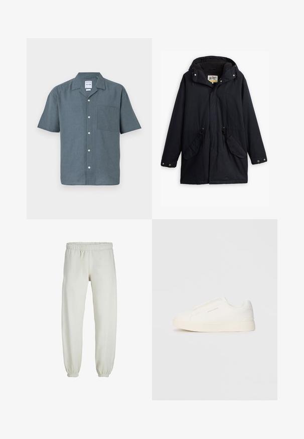 Parka nera impermeabile con cappuccio staccabile, vita regolabile con cordino, due tasche laterali e una fodera morbida. Dotato di chiusure a scatto e tessuto resistente.; Camicetta a maniche corte in lino grigio scuro con colletto a punta, tasca frontale e bottoni bianchi lungo la pattina. Design semplice e dal fit rilassato.; Pantaloni tuta bianchi realizzati in tessuto morbido, dotati di vita e polsini elastici, con una texture liscia e una vestibilità ampia.; Sneakers bianchi slip-on con superficie texturizzata, suola spessa e design minimalista. Presentano il logo del marchio sul lato.