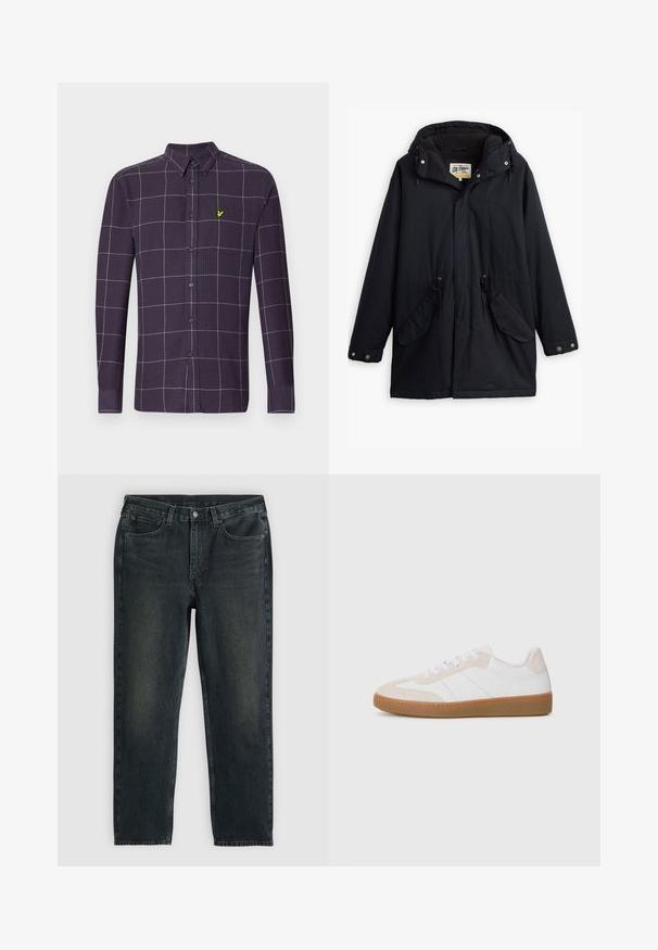 Črna nepremočljiva parka z odstranljivo kapuco, vrvico v pasu, dvema stranskima žepoma in mehkim podlogom. Vključuje gumbe za zapiranje in trpežno tkanino.; Dolgi rokavi gumbni srajci temno vijolične barve z belim in sivo mrežastim vzorcem. Ima majhen zeleni emblem na prsnem žepu.; Temno modri traper hlače z ravnim krojem, opremljene s petimi žepi, zadrgo in kontrastnim šivom. Nežna bledica na tkanini.; Bež in bela superga z elementi iz semiša in usnja. Ponuja gumijast podplat, zasnovo z vezalkami in minimalistične stranske črte.