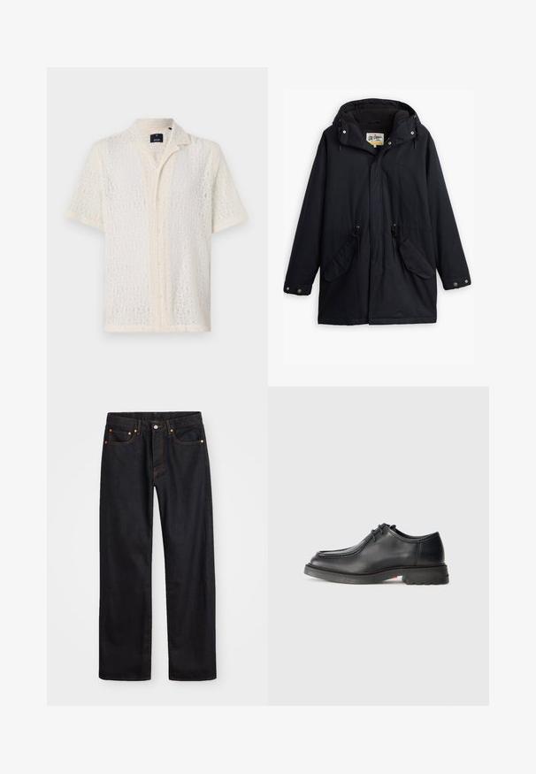 Fekete vízálló parka leválasztható kapucnival, húzózsinóros derékkal, két oldalsó zsebből és puha béléssel. Patentos záródással és tartós anyaggal rendelkezik.; Rövid ujjú, áttetsző, törtfehér csipkeblúz gyémánt mintázattal, hegyes gallérral és gombos elülső záródással. Puha tapintás, könnyű kialakítás.; Férfi egyenes szabású fekete farmernadrág öt zsebbel és narancssárga varrással, gombos és cipzáros záródással elöl.; Fekete bőr cipő sima textúrával, kerek orral és sekély, domború varrással. Vastag gumitalp enyhe sarokkal és tapadásmintázattal.