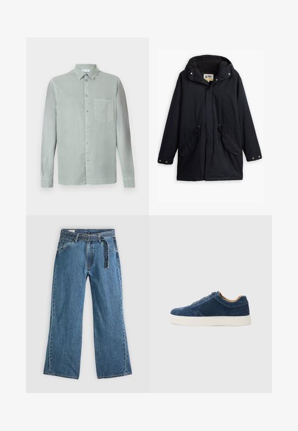 Fekete vízálló parka leválasztható kapucnival, húzózsinóros derékkal, két oldalsó zsebből és puha béléssel. Patentos záródással és tartós anyaggal rendelkezik.; Világos zöld, hosszú ujjú ing, gombos nyakkal, elülső zsebbel és enyhén texturált anyaggal. Az ing gombjai megegyező színűek.; Kék farmer széles szárú nadrág, hozzáépített övvel, elülső zsebekkel és látható varrással, sima világos háttéren.; Kék velúr sportcipő fehér gumitalppal, fűzős kivitel, kerek orral, és kontrasztos barna belső résszel. Finom varrási részletek.