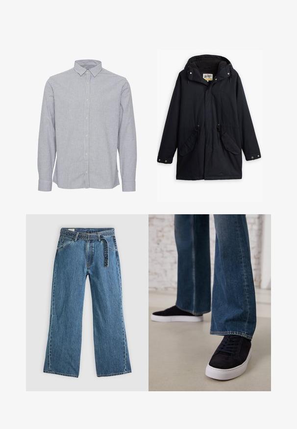 Parka noire imperméable avec capuche amovible, taille réglable par cordon, deux poches latérales et doublure douce. Comprend des fermetures à pression et un tissu durable.; Chemise à rayures bleu et blanc. Dotée d'un col, de manches longues et d'un ourlet droit. Fabriquée en tissu léger avec une texture lisse.; Jeans bleu en denim à jambes larges avec une ceinture attachée, poches avant et couture visible sur un fond clair.; Baskets en daim bleu foncé avec une semelle en caoutchouc blanc et des lacets, associées à un jean en denim à coupe large dans un délavage bleu moyen.